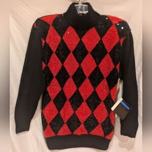 Vintage 90s IB Diffusion Red Black Sequin Geometric Silk Angora Sweater Sz Med